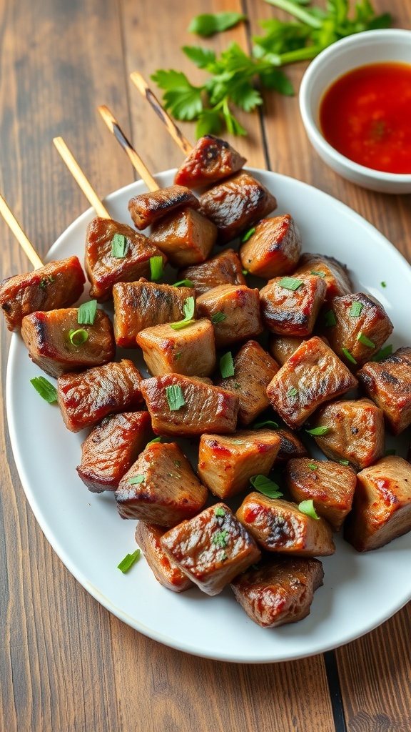Juicy air fryer steak skewers garnished with herbs on a rustic table with dipping sauce.
